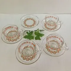 S17:昭和レトロ ガラス カップ＆ソーサー 4客セット 花柄