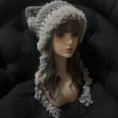77ハンドメイド　猫耳ニット帽　紐付き　キラキラ　ふわふわ　y2k グランジ　青