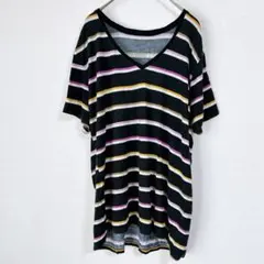 ナインウエスト マルチボーダー 半袖 Vネック Tシャツ XL 黒 白 黄 桃のサムネイル