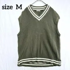 ジーユー♦︎コットン100% Vネック ニットベスト M カーキ×アイボリー