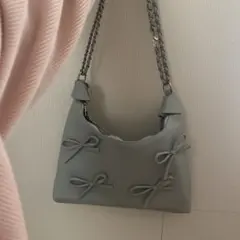 リボン装飾 グレー ショルダーバッグ