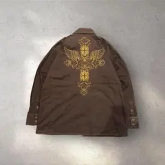 00s y2k 刺繍 クロス シャツ 茶 XL グランジ vintage 十字架