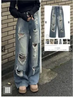 GRL ダメージカットルーズデニムパンツ