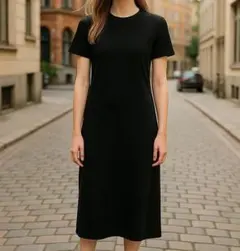 美品 ハーディエイミス ロングワンピース S相当 黒 半袖 カットソー シンプルのサムネイル