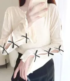 【mily bilet】袖リボンスラブシアージャガードプルオーバー