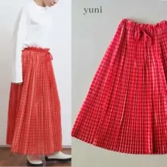 美品【yuni】ギンガムチェックランダムプリーツスカート ロングスカート レッドのサムネイル