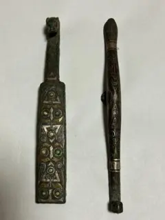 【発掘品/骨董】中国古代 青銅 金銀象嵌 帯鉤 2点（龍頭・獣首）青銅器 帯留 発掘品/骨董】中国古代 青銅 金銀象嵌 帯鉤 2点（龍頭・獣首）青銅器
