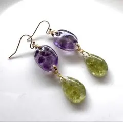 天然石 アメジスト＋ペリドット 大ぶり ピアス