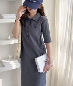RANAN/U.S.POLO ASSN.ワンポイント刺繍ポロ襟リブワンピース