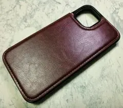 iPhone14/13 用 ケース シンプル 無地 カード入れ 背面手帳型 茶色