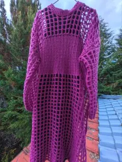 ピンクメッシュ編み ニット 長袖＆タンクトップ付き