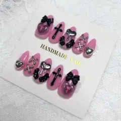 現品♡ピンク×ブラック クロス リボン ハート 地雷系 ネイルチップ