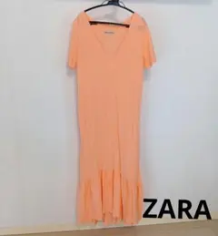 ZARA Vネック 裾フリル　ロング ワンピース オレンジ