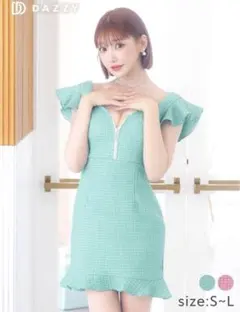 ターコイズ　水色 フリル袖 フレア裾 ドレス　キャバドレス