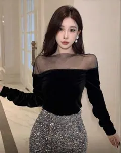 SHEINオフショルダー長袖ブラックトップス