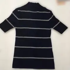 ネイビー ストライプ ハイネック 半袖ニット