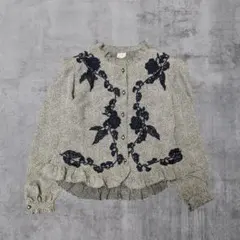 034｜80vintage　ブラウス　花刺繍　短丈　アンティーク　昭和レトロ