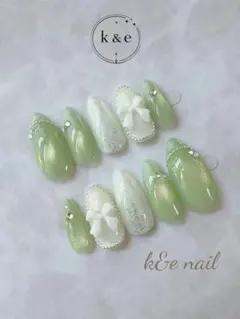 ネイルチップ 量産型 緑 マグネット ワンホン リボン【サイズ変更◎】113