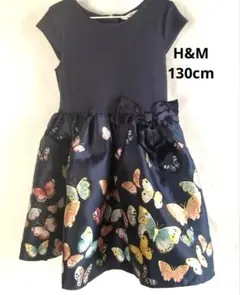 【美品】H&M プリントドレス　リボン付きネイビー　130cm ピアノ発表会♪