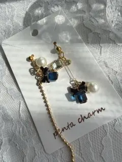 上品ブルー×ゴールド アシンメトリーピアス 大人可愛い ハンドメイドピアス