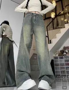 ワイドレッグ デニムパンツ ヴィンテージ加工 XLのサムネイル