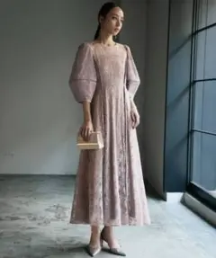パフスリーブ総レース フレア ロング 結婚式 パーティドレス GIRL