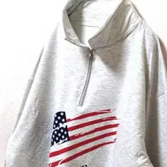 アメリカ 星条旗 ロゴ ハーフジップスウェットトレーナー グレー灰色 L古着