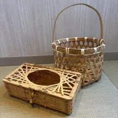 Ky31　持ち手付き竹かご　竹細工　ティッシュカバー　セット　雑貨　レトロ