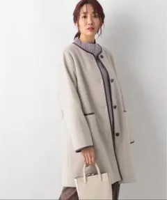 【美品】ノーカラーコート ベージュ フロントポケット付きGLOBALWORK