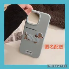 iPhone 16 スマホケース　シリコン　韓国　くすみわんちゃん　犬　水色