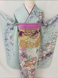 振袖7点セット　水色 花柄 紫帯