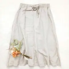 大きいサイズ　3L　ヒロタ　リネン混フレアロングスカート　ウエストゴム　ベージュ