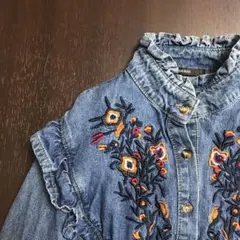 DURAS インディゴ刺繍フリルシャツブラウスデニムレトロ古着調ヒッピー個性的