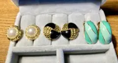 ヴィンテージ　イヤリング 3点セット パール 黒 エメラルドグリーン ゴールド