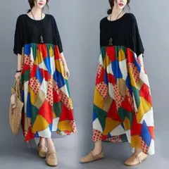 春夏新品ゆったり花柄半袖接ぎワンピースレディース痩せ大きいサイズ綿麻t