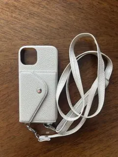 オフホワイト レザー風 iPhone14ケース ショルダーストラップ付き