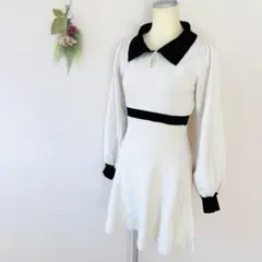 【グレイル】バイカラーフレアニットワンピース　F　アイボリー系　スタイルアップ