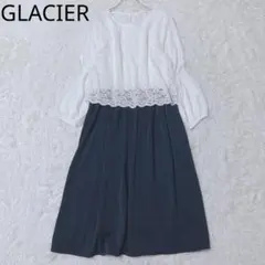 グラシア　ロングワンピース　ドッキング　花柄レース　光沢　シフォン　ネイビー　L