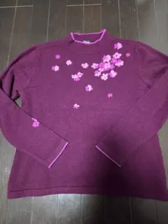 Crepage カシミヤ 長袖ニット L 紫色 花柄刺繍