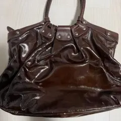 【美品】フェラガモ ガンチーニ パテントレザー ハンドバッグ ダークブラウン