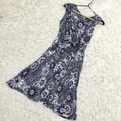 EGERIE✨美品　ノースリーブワンピース　カシュクール　エスニック柄　ネイビー
