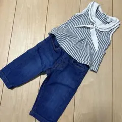 ベビー服 6M 70cmデニムパンツ ボーダーノースリーブセット マリンコーデのサムネイル