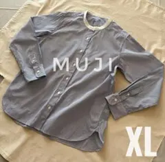 【美品】無印良品　洗いざらしブロード　スタンドカラーシャツ　紺ストライプ　XL