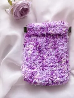 【ハンドメイド】バネ口ポーチ 手編み ミニポーチ パープルカラー