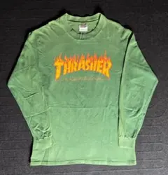 90's THRASHER FLAMEロゴ ロンT Green フェード M