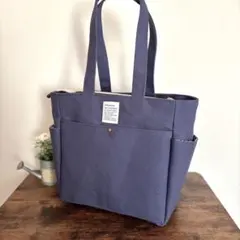 倉敷8号帆布サイドポケット付きトートバッグM パープルブルー　ファスナー開閉