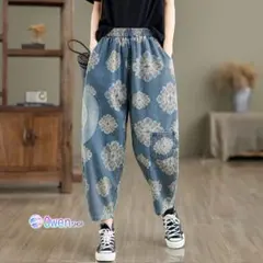 ハイウエスト 九分丈 デニム ジーパン プリント テーパードパンツ おしゃれ