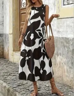 フラワープリント ノースリーブ ロングワンピース