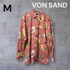 美品 VONSAND ピンク 総柄 レトロ柄 デザインシャツ 長袖 レトロ M