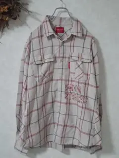 訳有 drug stores 刺繍入り長袖シャツ 赤チェック